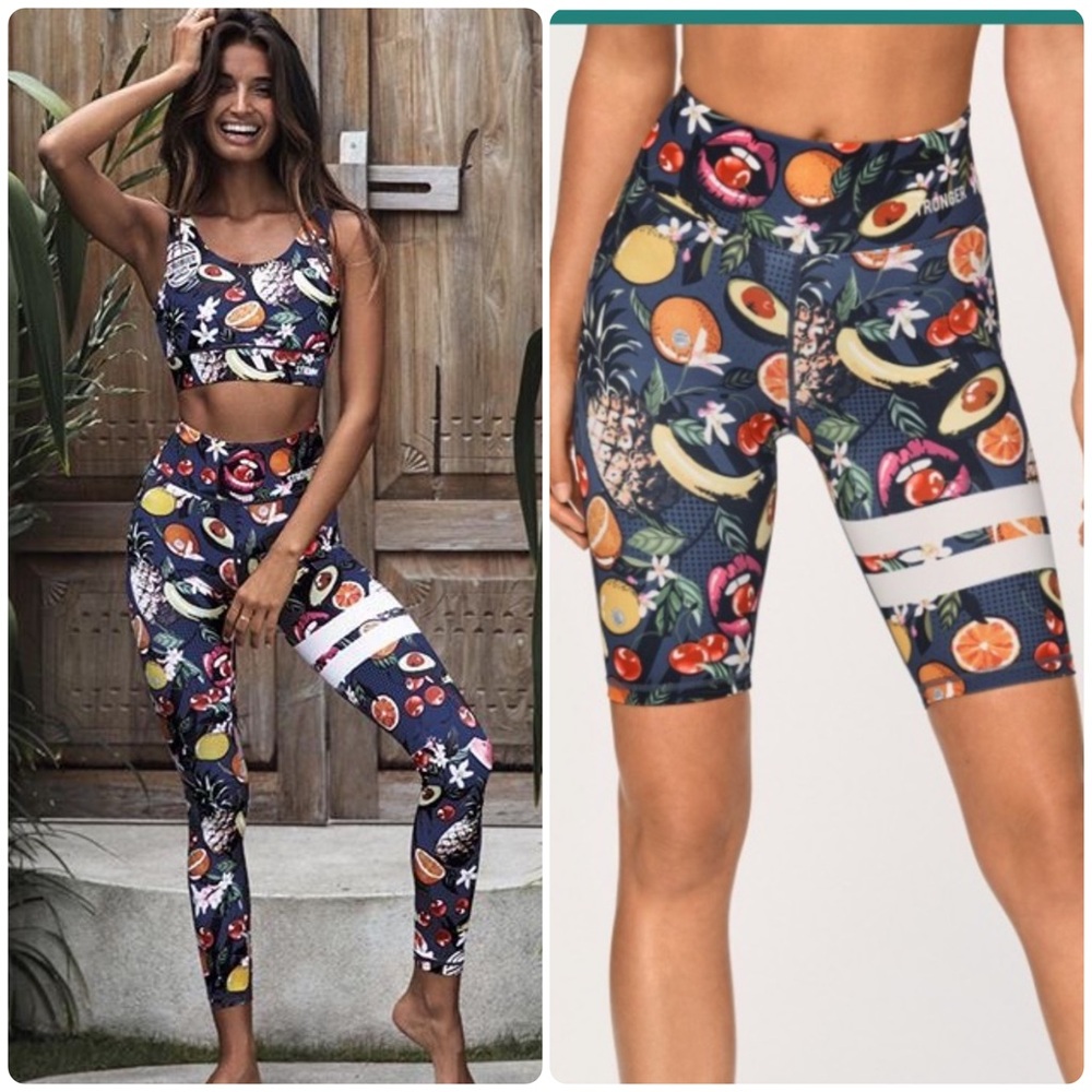 EUC Stronger Label Navy Tropical Fruit Leggings & Biker Shorts Workout Set